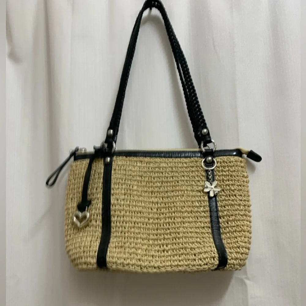 Brighton Black Leather & Natural Woven Straw Basket Tote Shoulder Bag